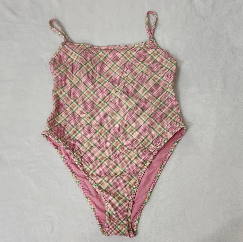 New!Pink X Frankies Bikini‎ August One Piece Swimsuit Strawberry Plaid